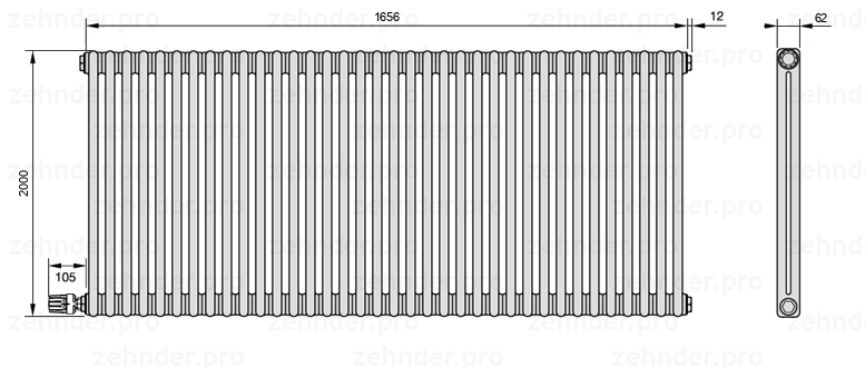 Схема (чертеж) Радиатор Zehnder Charleston 2200/36 №V003 Белый глянцевый RAL 9016